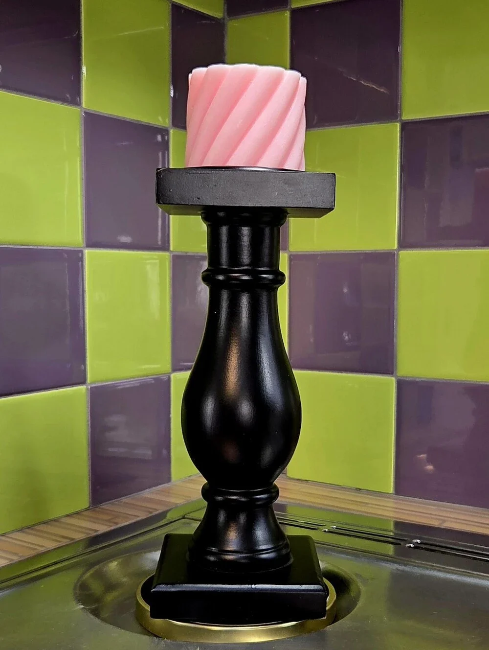 Classic Simple 11 Inch Black Wood Candlestick Holder With Pink Candle